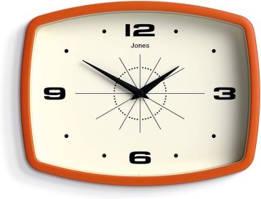 Movie Wall Clock | Rectangular Retro Clock | 10 inch | Orange | Cool mid-Century Designer Look for Kitchen, Living Room or Office