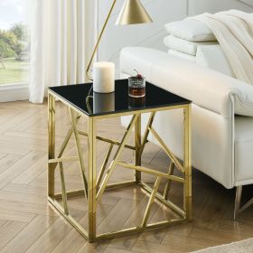 20 Inch Modern Glass End Table with Geometric Metal Frame, Accent Table Nightstand Furniture Corner Table for Living Room,Home Office,Bedroom - G