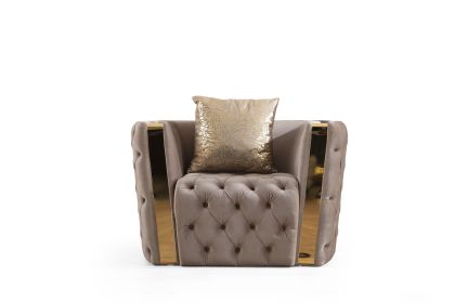 Naomi Button Tufted Chair with Velvet Fabric and Gold Accent in Taupe
