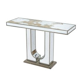 47x15.5x31" Rectangular Console Table with Elegant Floral Design and Mirrored Silver Finish