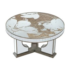 35.5x35.5x19" Round Coffee Table with Elegant Floral Design and Mirrored Silver Finish