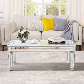 Silver Mirrored Coffee Table, Vintage Carved Elements, Rectangle Glass Tea Table with Mirrored Finish
