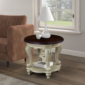22'' Two Tone Round End Table,Solid Wood Sofa Side Table with Shelf,Living Room Corner Table Easy Assemble,Beige and Espresso Top