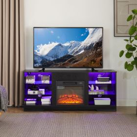 TV Stand Electric Fireplace TV Stand with Glass Shelves (Color: as Pic)